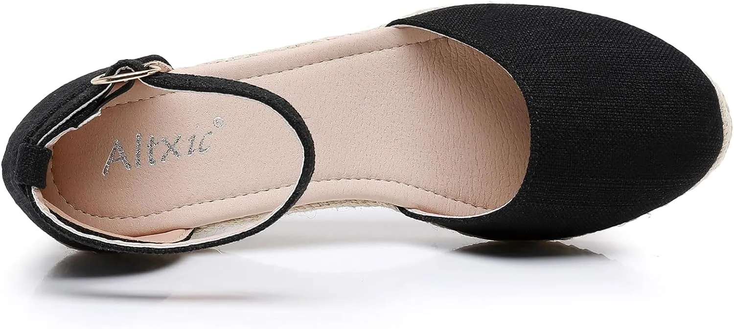 Altxic Women's Closed Toe Canvas Ankle Strap Espadrilles Wedge Sandals