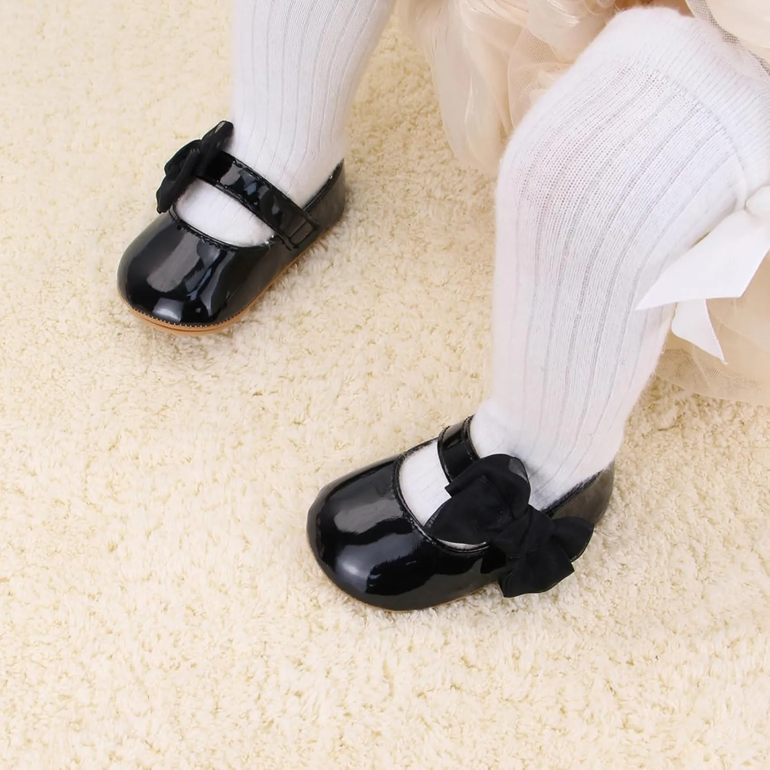Baby Girls Dress Shoes Infant Mary Jane Flats Newborn Bowkont Non-Slip Lightweight Soft Sole First Walkers Princess Wedding Shoe
