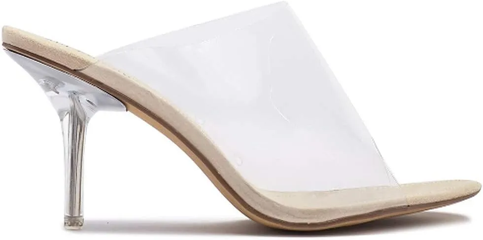 Cape Robbin Allure Lucite Clear PVC Mules Open Toe Stiletto Heel Pumps Nude
