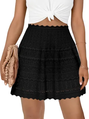 Cicy Bell Women's Summer Crochet Mini Skirt Casual Hollow Out Elastic Waist Boho Beach Cover Up Skirts