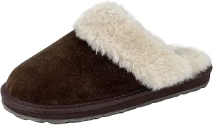Clarks Womens Open Back Suede Leather Comfort Clog Slipper JMS0583C - Plush Faux Fur Trim - Indoor Outdoor House Slippers For Women (7 M US, Dk Brown)