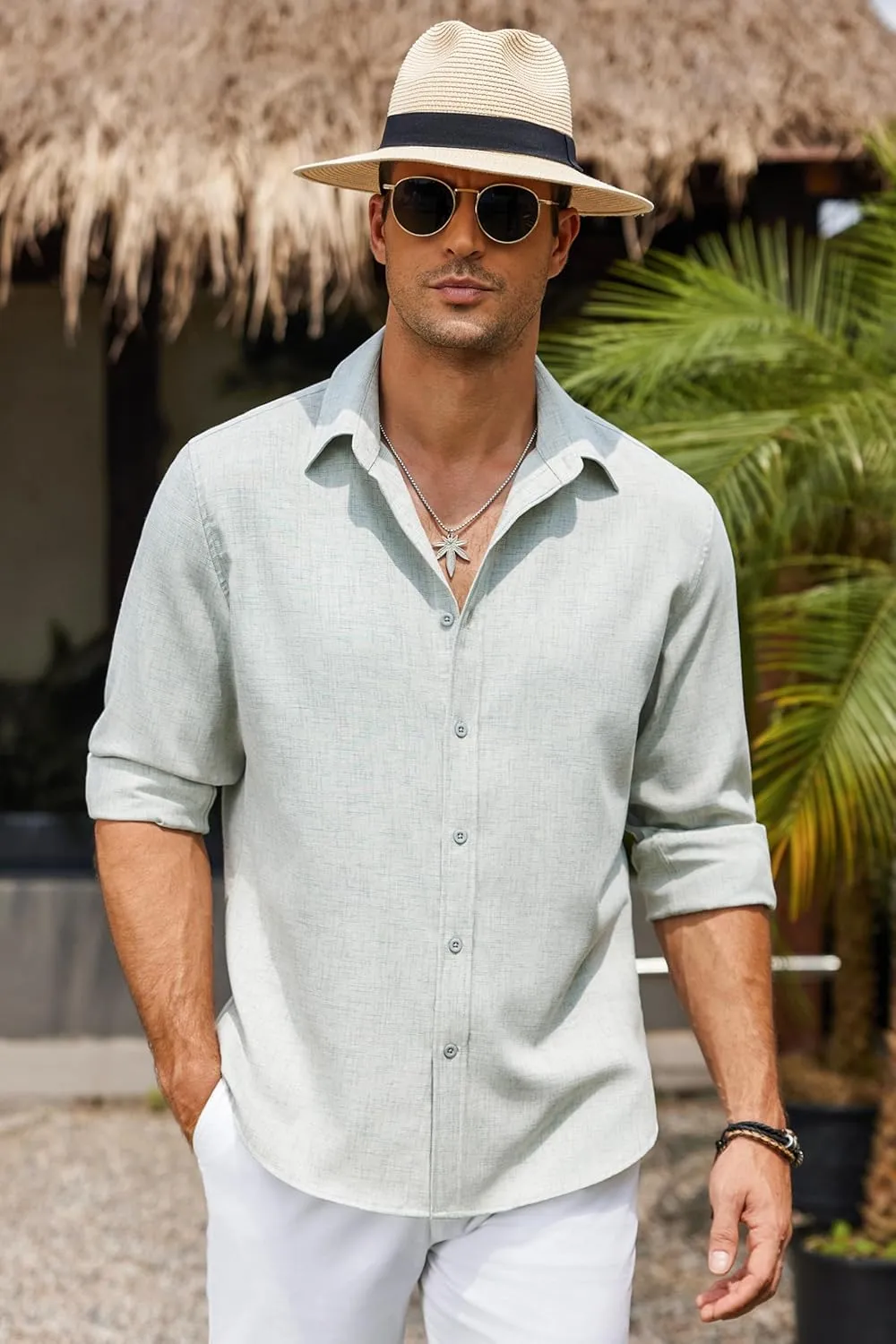 COOFANDY Men's Long Sleeve Button Down Linen Shirt Casual Untucked Chambray Shirt Wrinkle Free Wedding Shirts