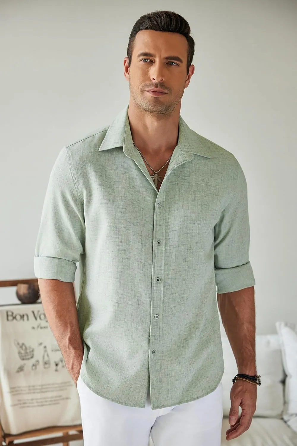COOFANDY Men's Long Sleeve Button Down Linen Shirt Casual Untucked Chambray Shirt Wrinkle Free Wedding Shirts