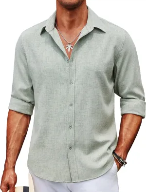 COOFANDY Men's Long Sleeve Button Down Linen Shirt Casual Untucked Chambray Shirt Wrinkle Free Wedding Shirts