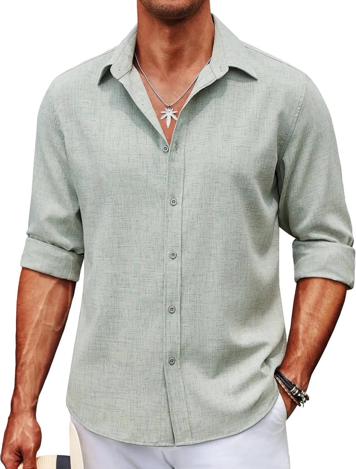COOFANDY Men's Long Sleeve Button Down Linen Shirt Casual Untucked Chambray Shirt Wrinkle Free Wedding Shirts