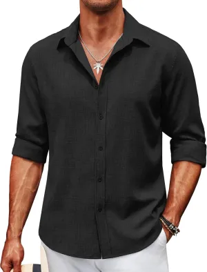 COOFANDY Men's Long Sleeve Button Down Linen Shirt Casual Untucked Chambray Shirt Wrinkle Free Wedding Shirts