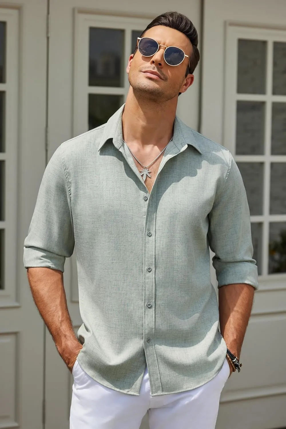COOFANDY Men's Long Sleeve Button Down Linen Shirt Casual Untucked Chambray Shirt Wrinkle Free Wedding Shirts