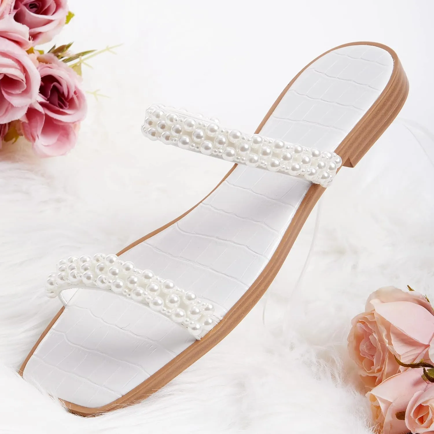 Coutgo Womens Flat Sandals Square Open Toe Pearl Two Strap Slip On Beach Slide Dressy Sandal