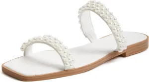 Coutgo Womens Flat Sandals Square Open Toe Pearl Two Strap Slip On Beach Slide Dressy Sandal