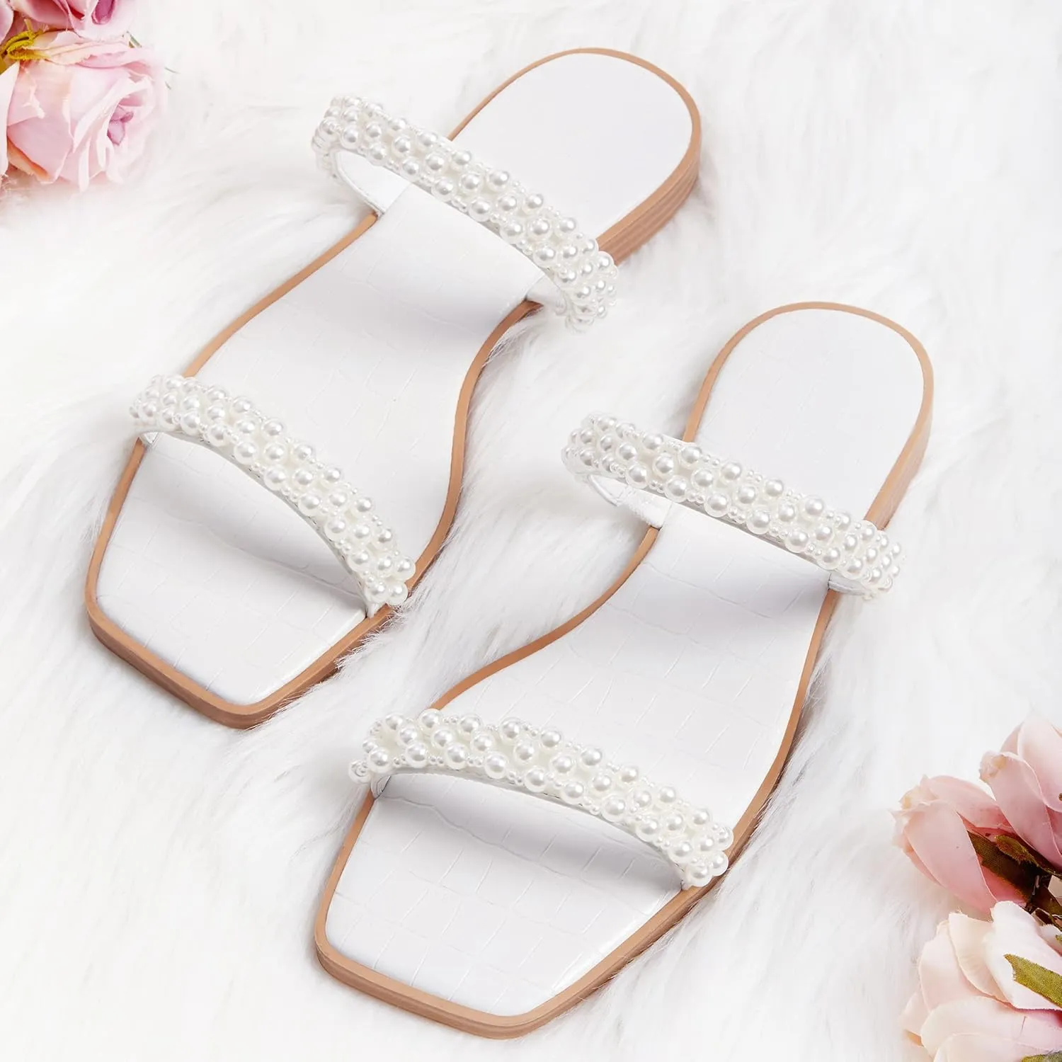 Coutgo Womens Flat Sandals Square Open Toe Pearl Two Strap Slip On Beach Slide Dressy Sandal