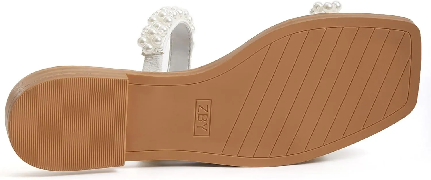 Coutgo Womens Flat Sandals Square Open Toe Pearl Two Strap Slip On Beach Slide Dressy Sandal