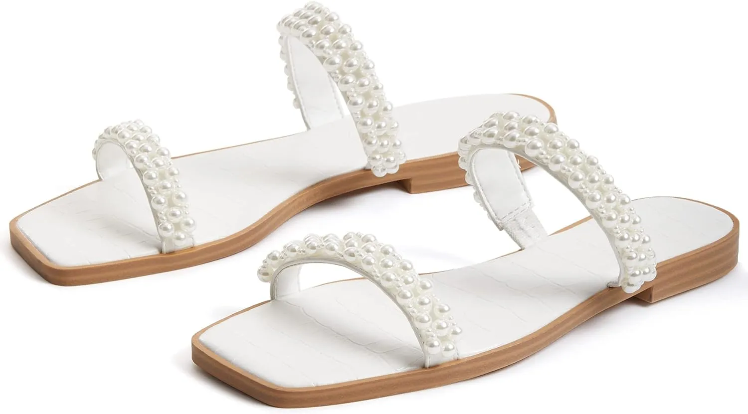 Coutgo Womens Flat Sandals Square Open Toe Pearl Two Strap Slip On Beach Slide Dressy Sandal