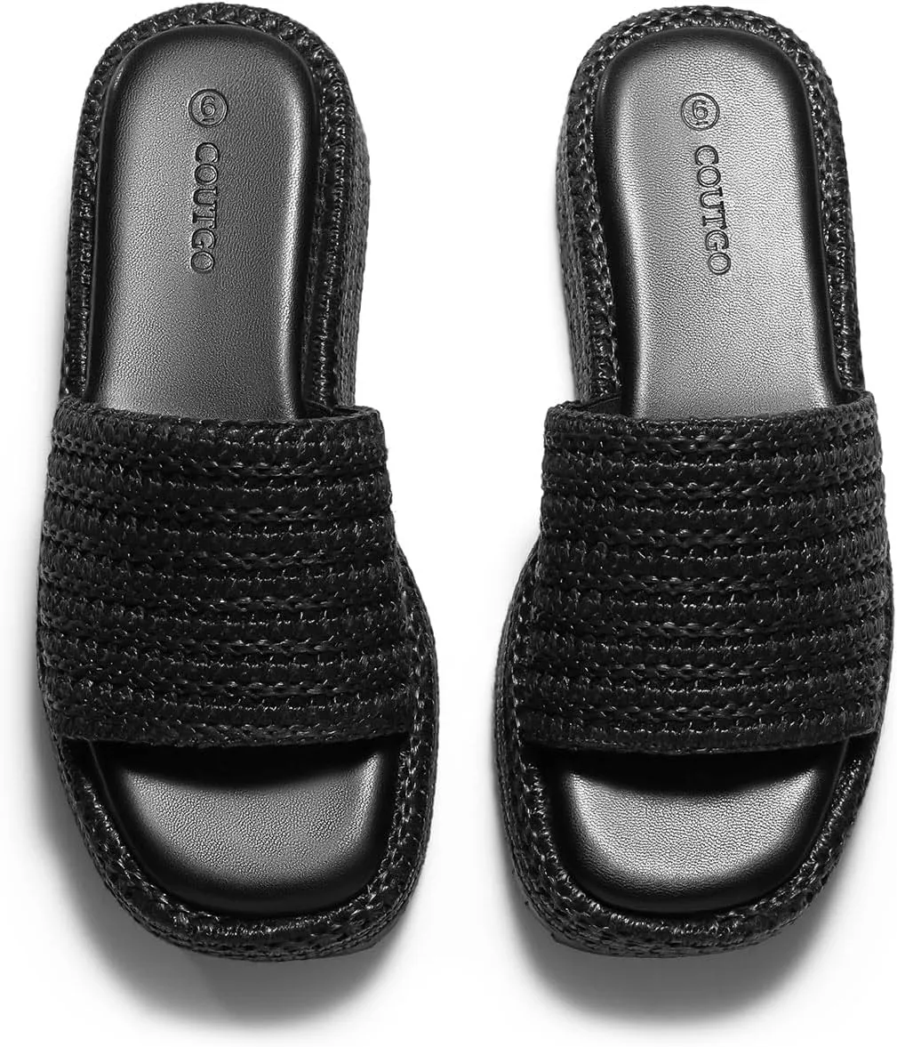 Coutgo Womens Platform Sandals Raffia Espadrilles Slip on Open Toe Cute Boho Summer Beach Slide Sandals