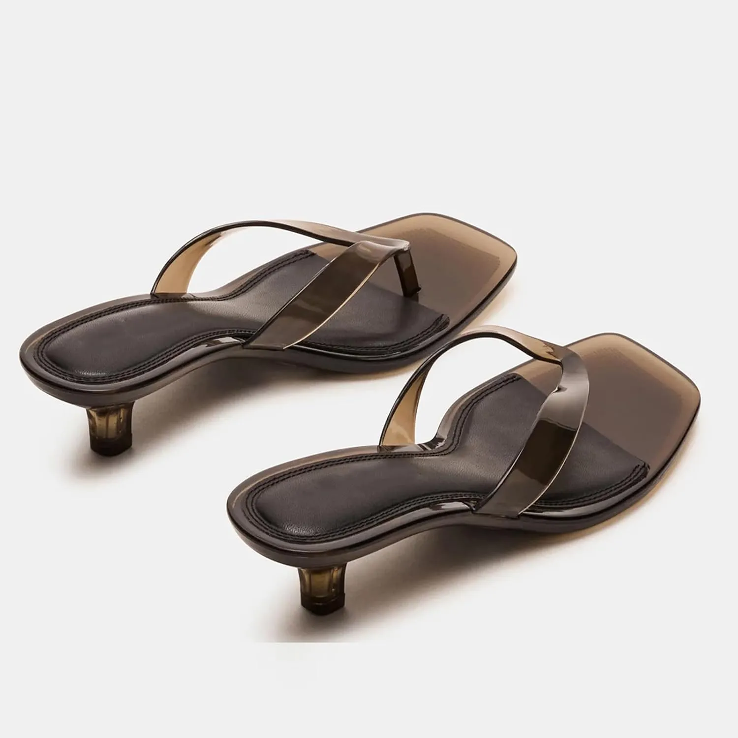 Dsevht Jelly Kitten Heel Sandals for Women Clear Square Toe Flip Flop Thong Mule Heeled Summer Beach Slip On Slide Shoes