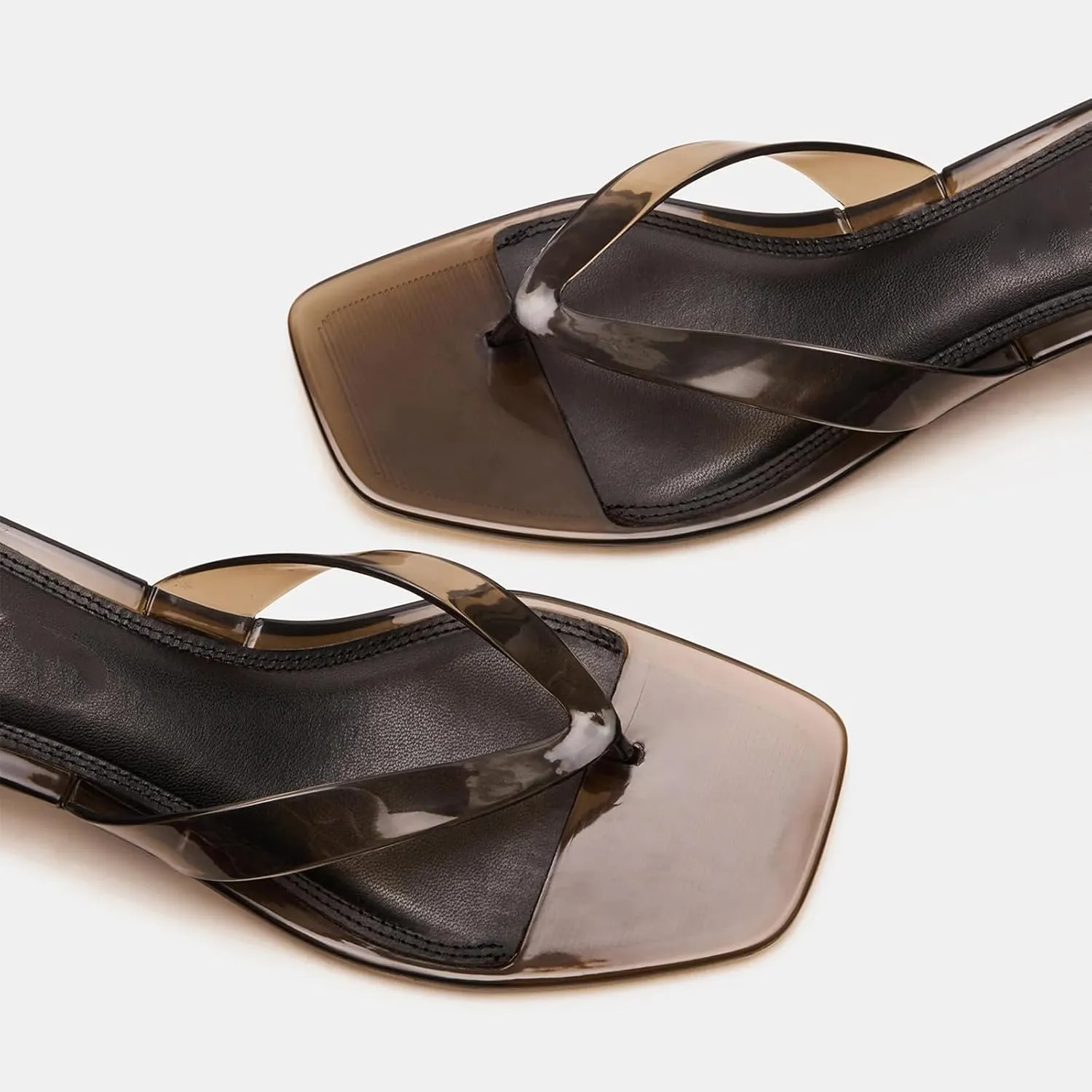 Dsevht Jelly Kitten Heel Sandals for Women Clear Square Toe Flip Flop Thong Mule Heeled Summer Beach Slip On Slide Shoes