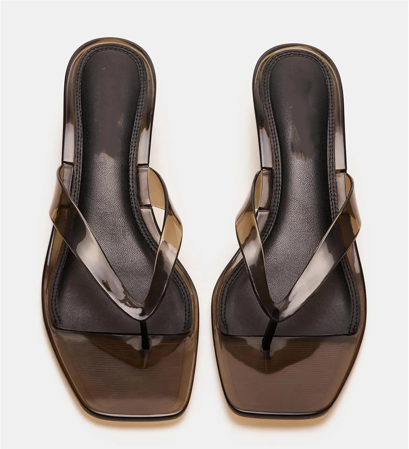 Dsevht Jelly Kitten Heel Sandals for Women Clear Square Toe Flip Flop Thong Mule Heeled Summer Beach Slip On Slide Shoes