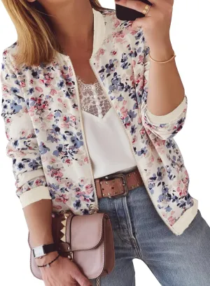ECOWISH Women's Casual Floral Zip Up Bomber Jacket Coat Lightweight Short Camo No Lining Outwear Tops Windbreaker with Pocket