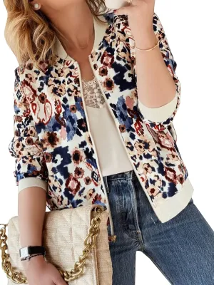 ECOWISH Women's Casual Floral Zip Up Bomber Jacket Coat Lightweight Short Camo No Lining Outwear Tops Windbreaker with Pocket