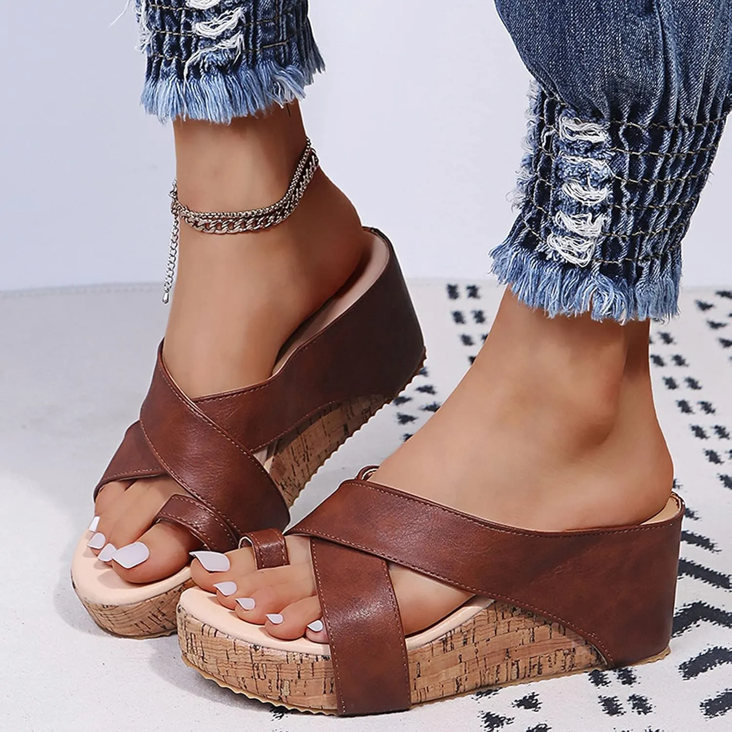 Eduavar Sandals for Women Dressy Summer, Women's Sandals Dressy Summer Beach Sandals Lace Trim Ring Toe Floral Flat Sandals
