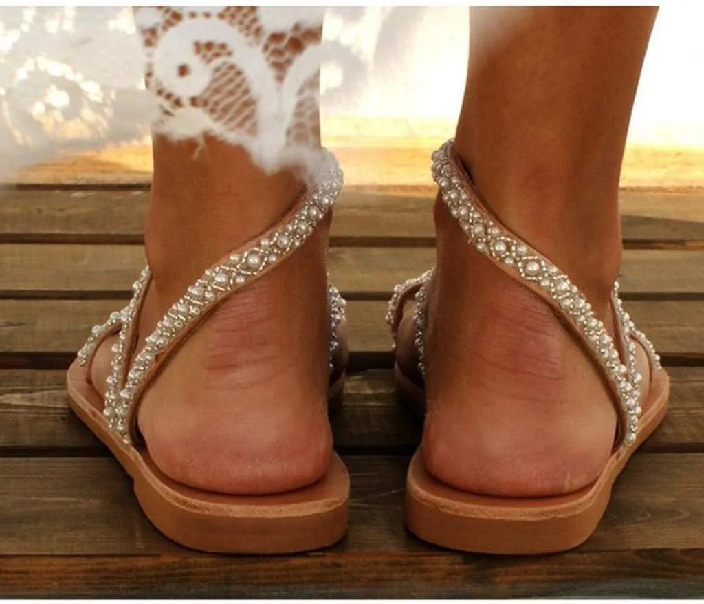 Eduavar Summer Sandals for Women, Orthopedic Sandals for Women Rhinestone Flat Sandals Comfortable Ring Toe Slippers