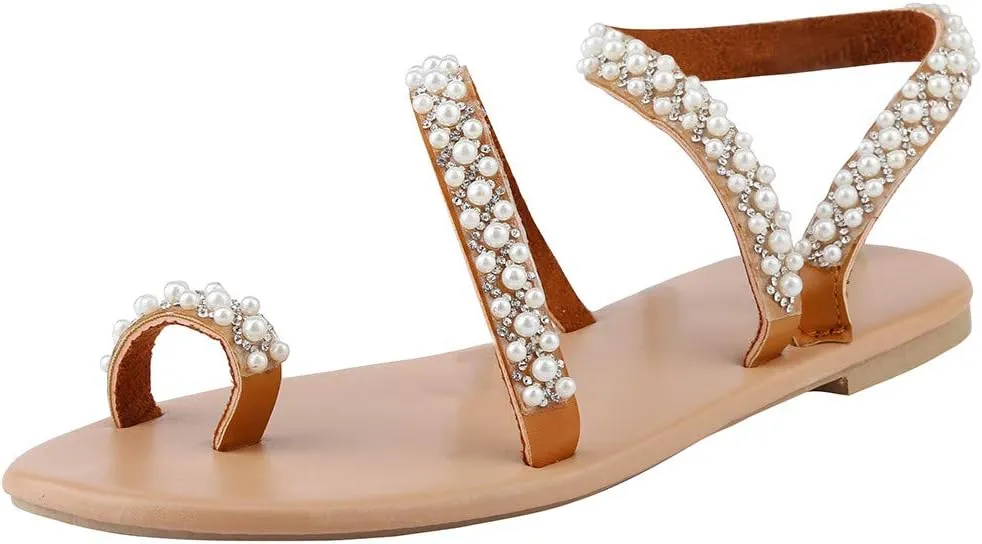 Eduavar Summer Sandals for Women, Orthopedic Sandals for Women Rhinestone Flat Sandals Comfortable Ring Toe Slippers