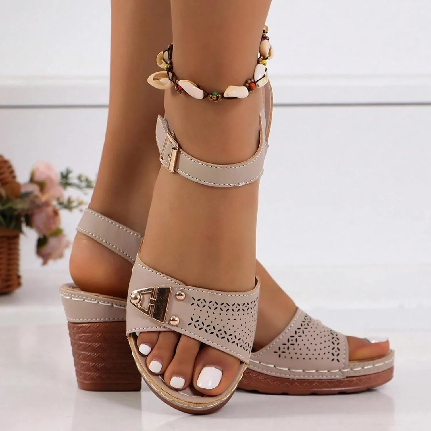 Eduavar Womens Wedge Sandals, Orthopedic Sandals for Women Leather Peep Toe Cutout Zipper Chunky Heeled Sandals