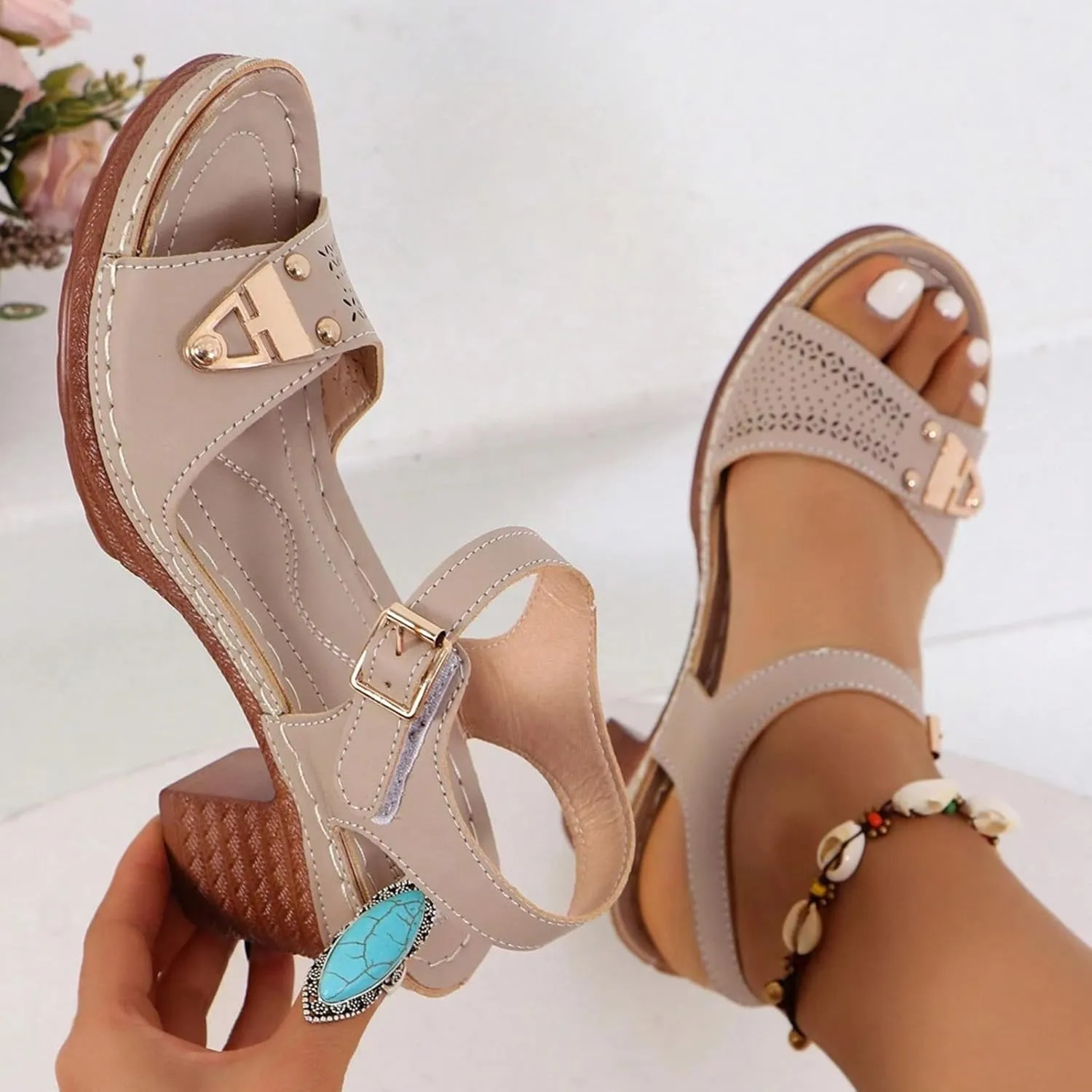 Eduavar Womens Wedge Sandals, Orthopedic Sandals for Women Leather Peep Toe Cutout Zipper Chunky Heeled Sandals