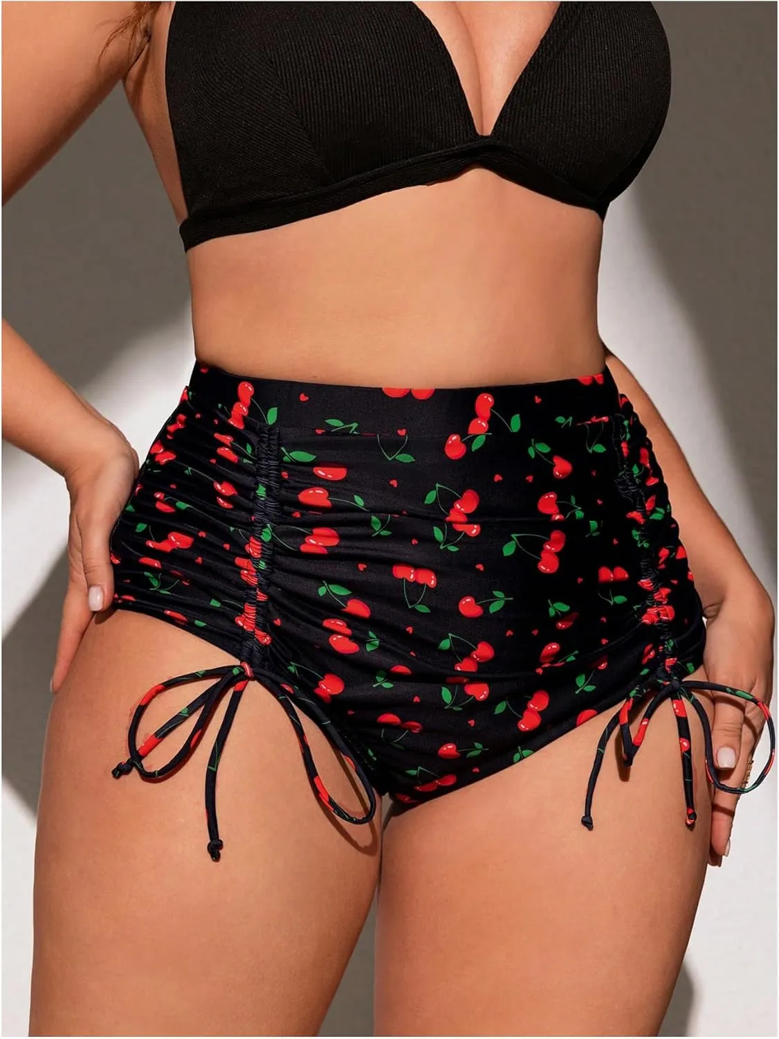 Floerns Women's Plus Size Swimsuit Bottom Cherry Print High Waisted Drawstring Bikini Bottoms