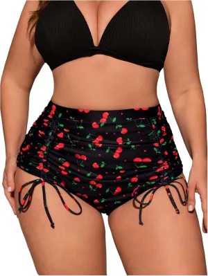 Floerns Women's Plus Size Swimsuit Bottom Cherry Print High Waisted Drawstring Bikini Bottoms