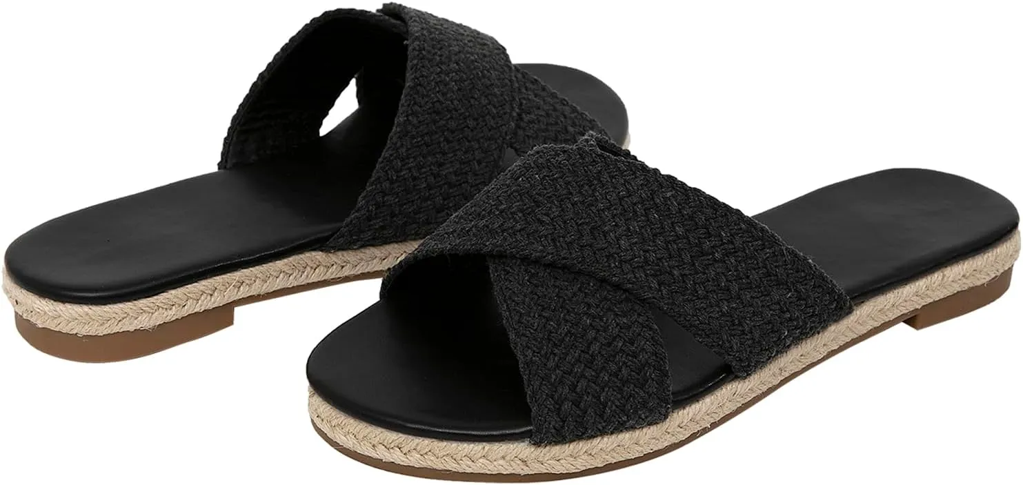 getmorebeauty Women's Slide Sandals Espadrilles Braided Crossover Band Open Toe Slip On Dress Flats Shoes Summer