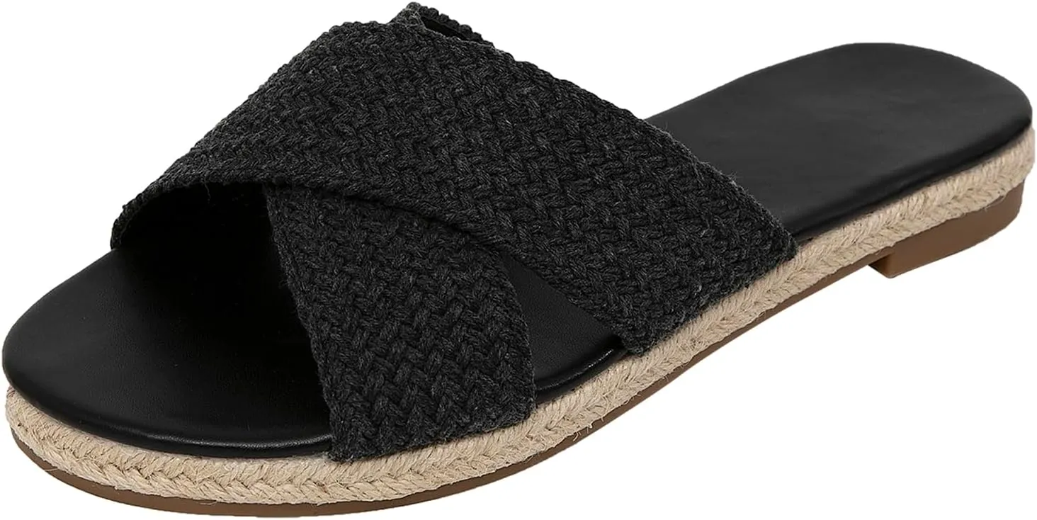 getmorebeauty Women's Slide Sandals Espadrilles Braided Crossover Band Open Toe Slip On Dress Flats Shoes Summer