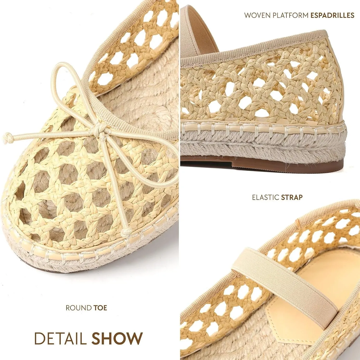 Goiphrri Platform Mary Jane Flats for Women Espadrilles Bow Knot Mary Janes Straw Woven Mesh Ballet Flats for Women Flatform Dress Pumps