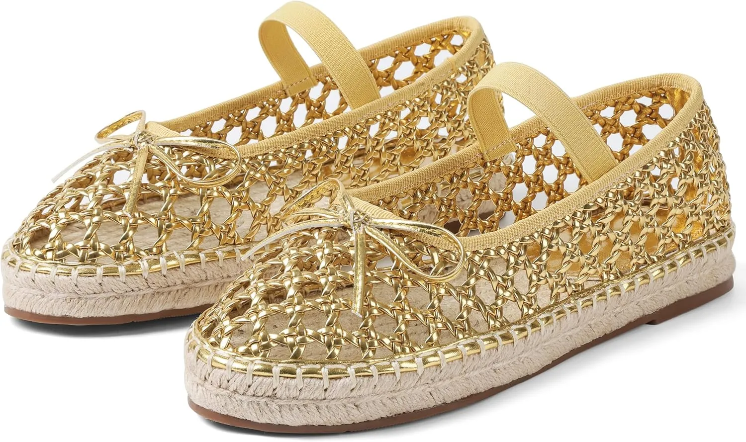 Goiphrri Platform Mary Jane Flats for Women Espadrilles Bow Knot Mary Janes Straw Woven Mesh Ballet Flats for Women Flatform Dress Pumps