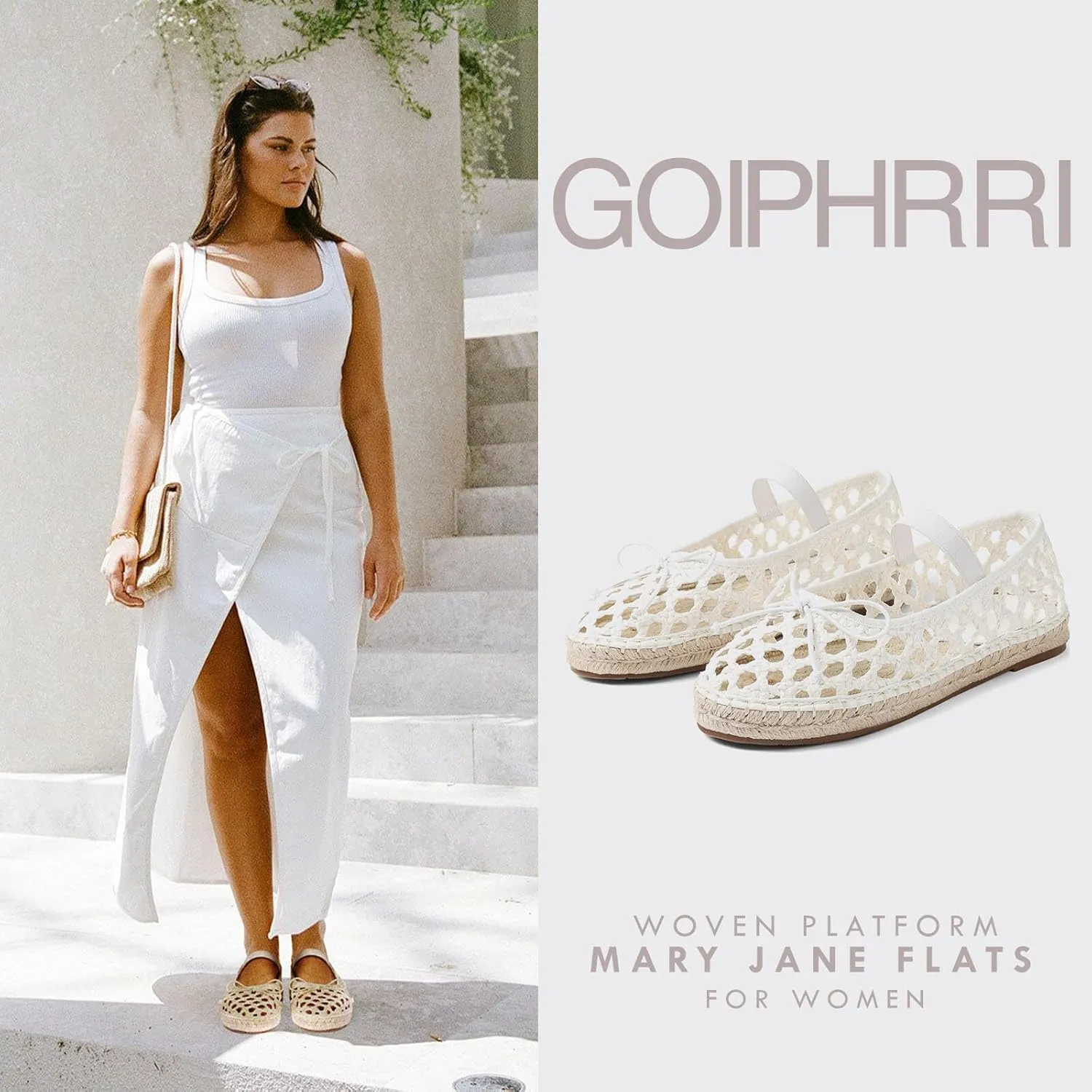 Goiphrri Platform Mary Jane Flats for Women Espadrilles Bow Knot Mary Janes Straw Woven Mesh Ballet Flats for Women Flatform Dress Pumps