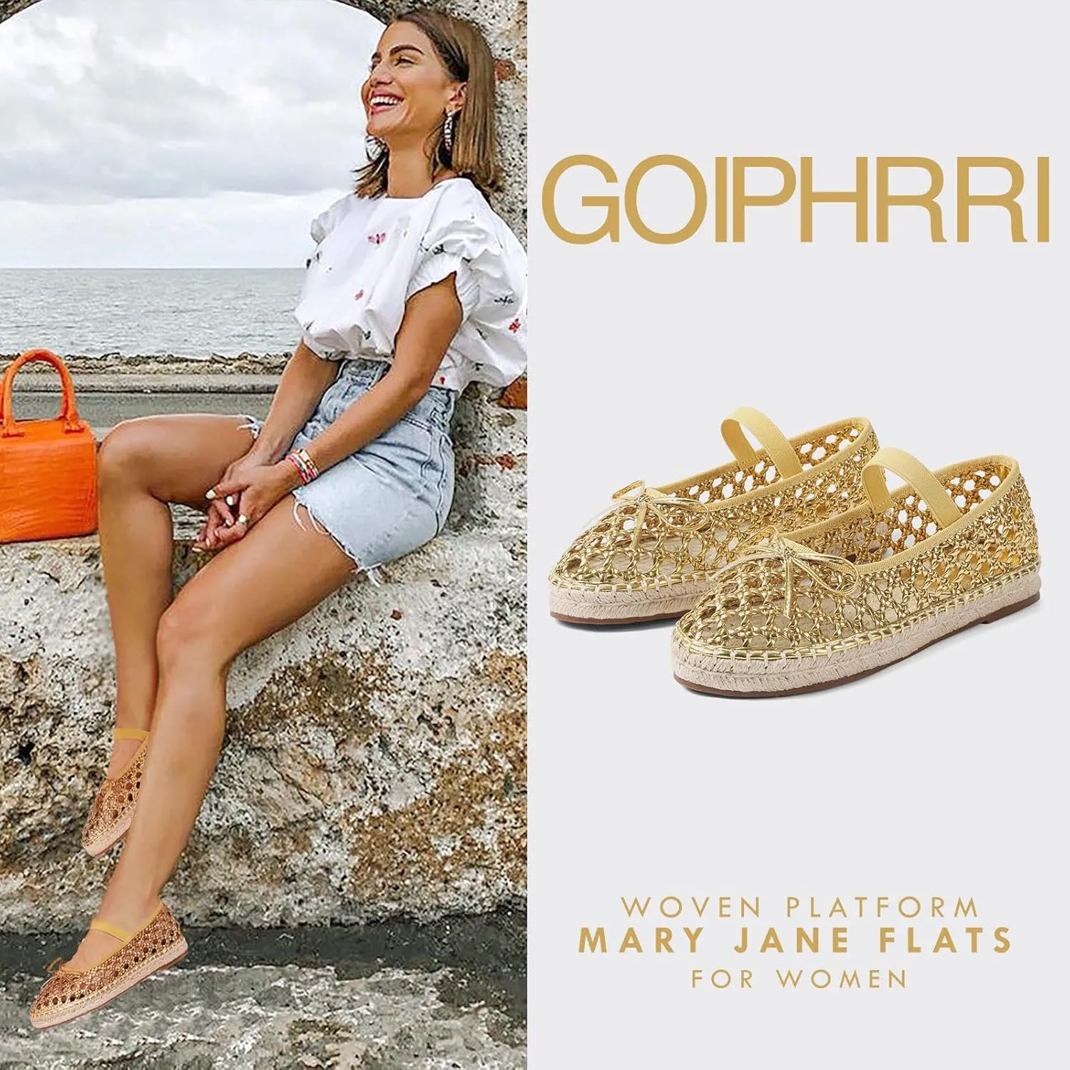 Goiphrri Platform Mary Jane Flats for Women Espadrilles Bow Knot Mary Janes Straw Woven Mesh Ballet Flats for Women Flatform Dress Pumps