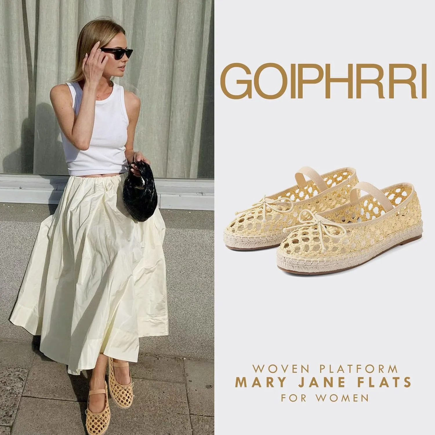Goiphrri Platform Mary Jane Flats for Women Espadrilles Bow Knot Mary Janes Straw Woven Mesh Ballet Flats for Women Flatform Dress Pumps