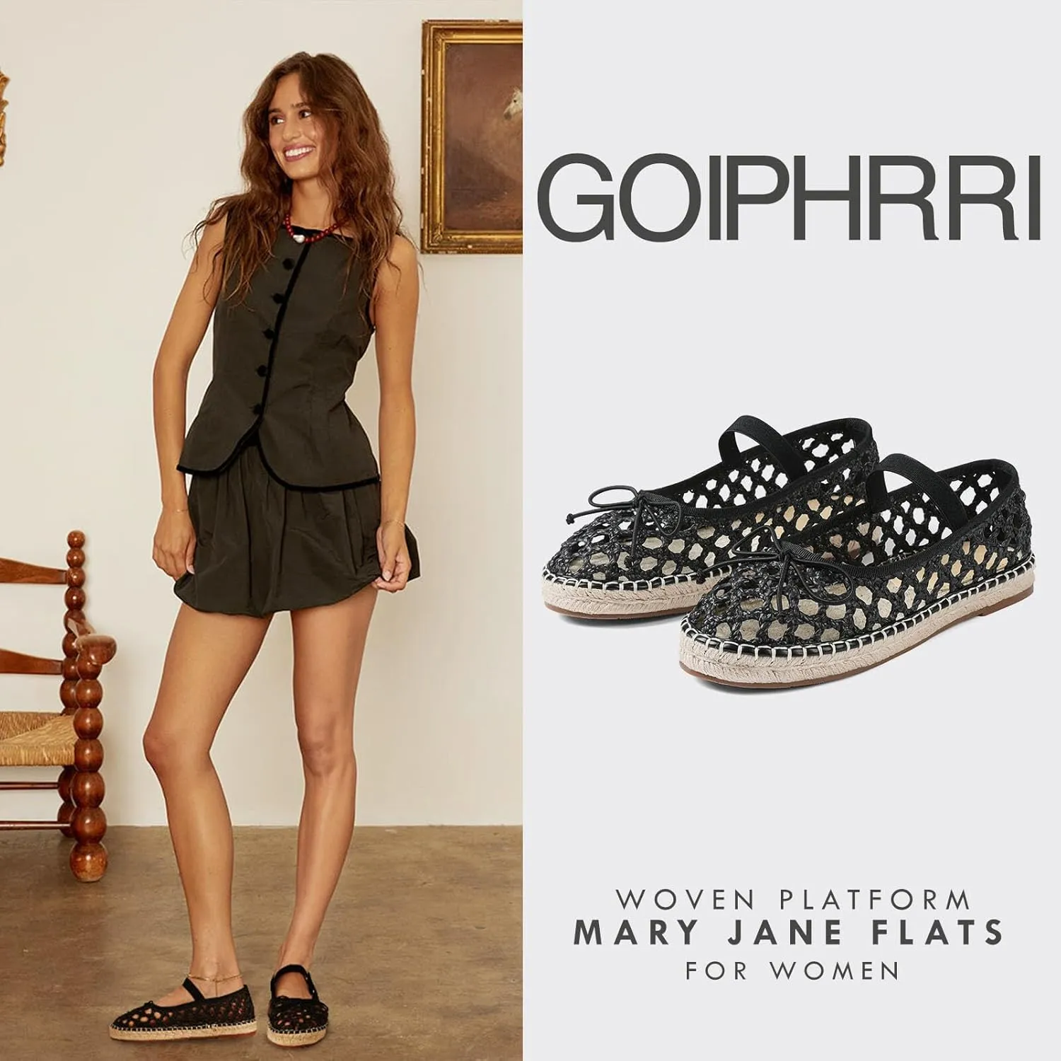 Goiphrri Platform Mary Jane Flats for Women Espadrilles Bow Knot Mary Janes Straw Woven Mesh Ballet Flats for Women Flatform Dress Pumps