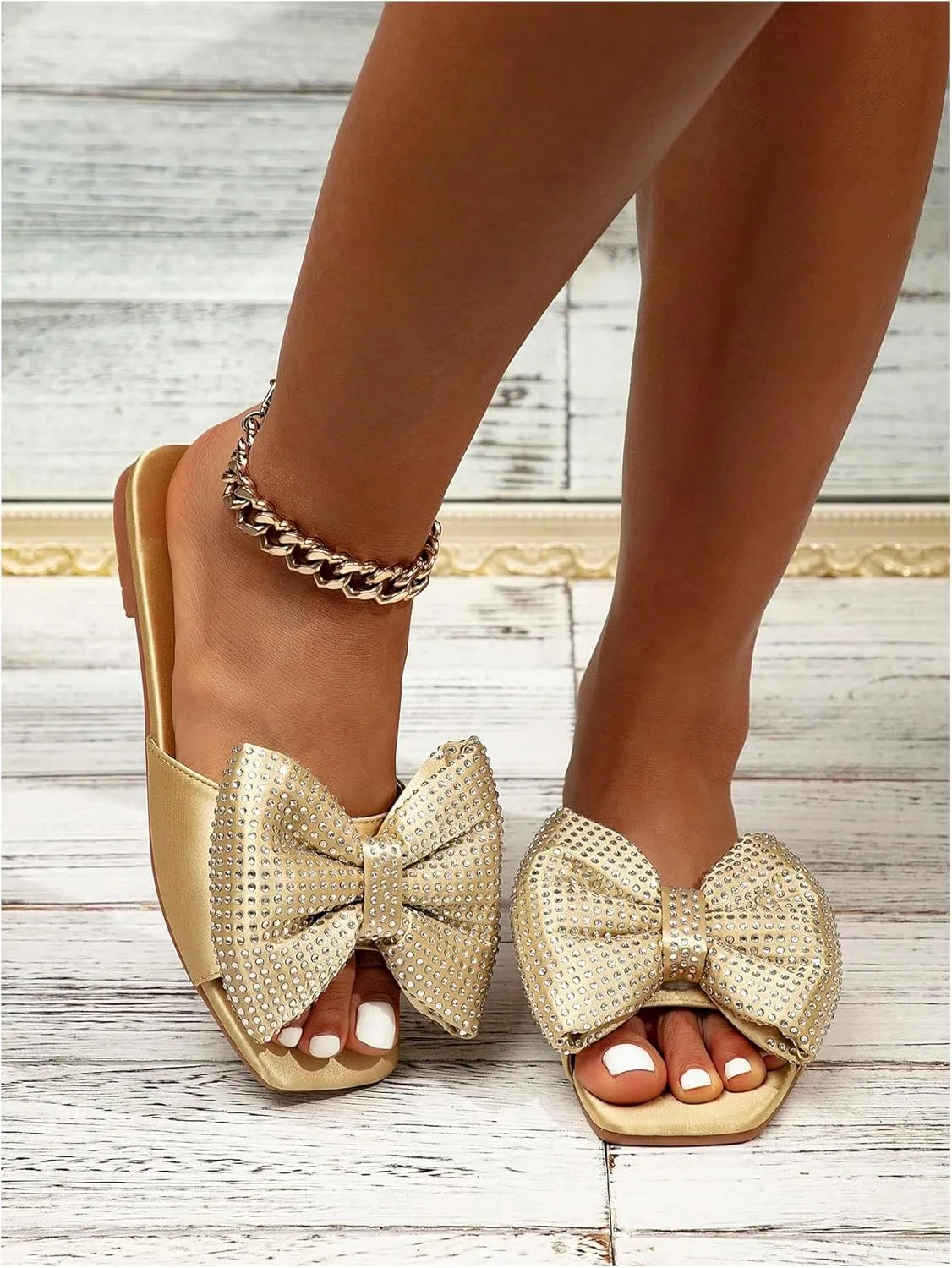 GORGLITTER Women's Bow Flat Sandals Dressy Square Open Toe Sandals Comfortable Slip On Slide Sandals