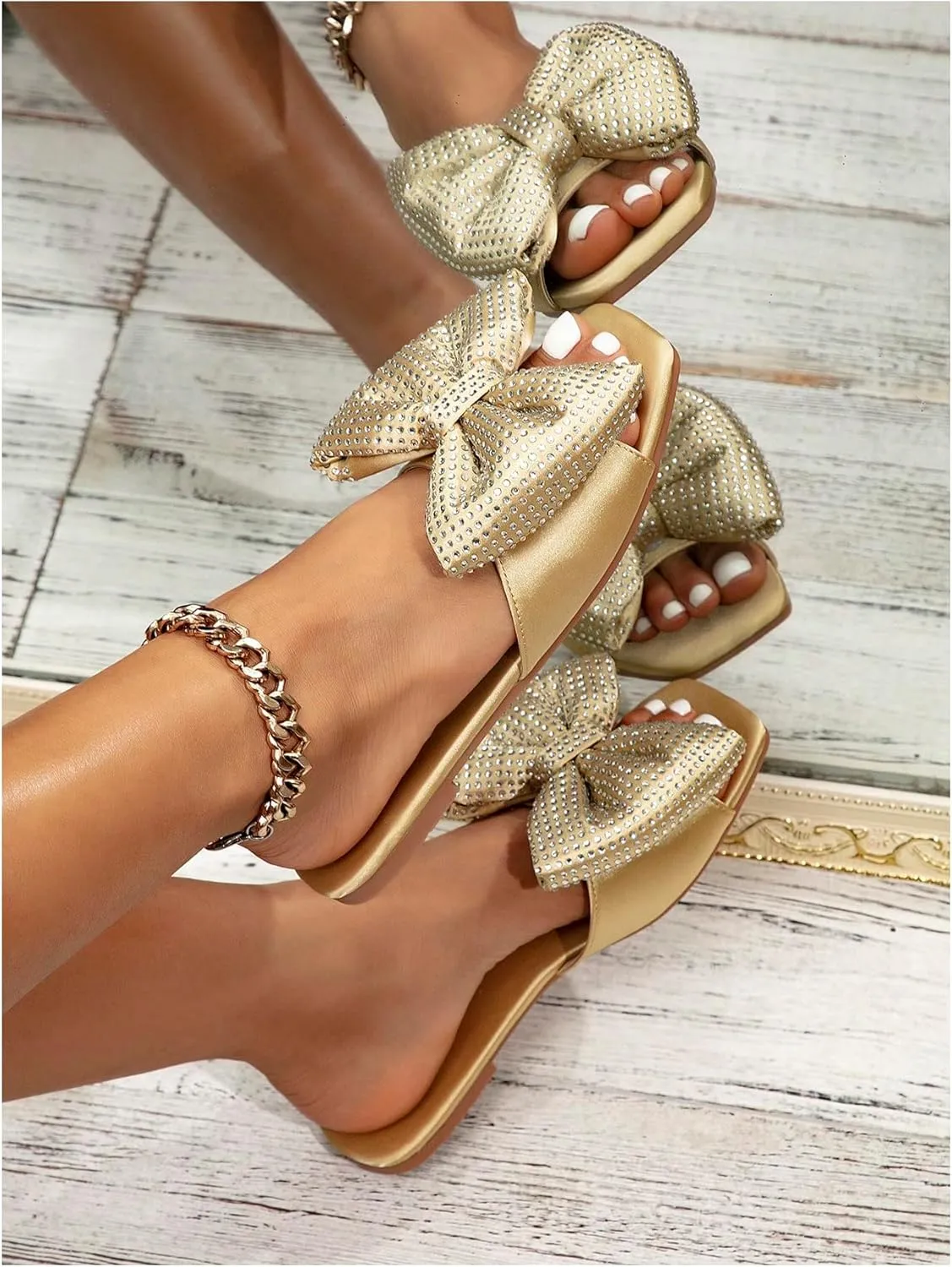 GORGLITTER Women's Bow Flat Sandals Dressy Square Open Toe Sandals Comfortable Slip On Slide Sandals