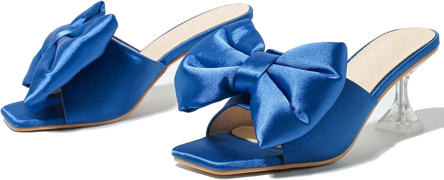 Heiyom Women's Bow Clear Heels Slippers Dress Sandals Square Toe Stiletto Mules Slip on Wedding Prom Shoes