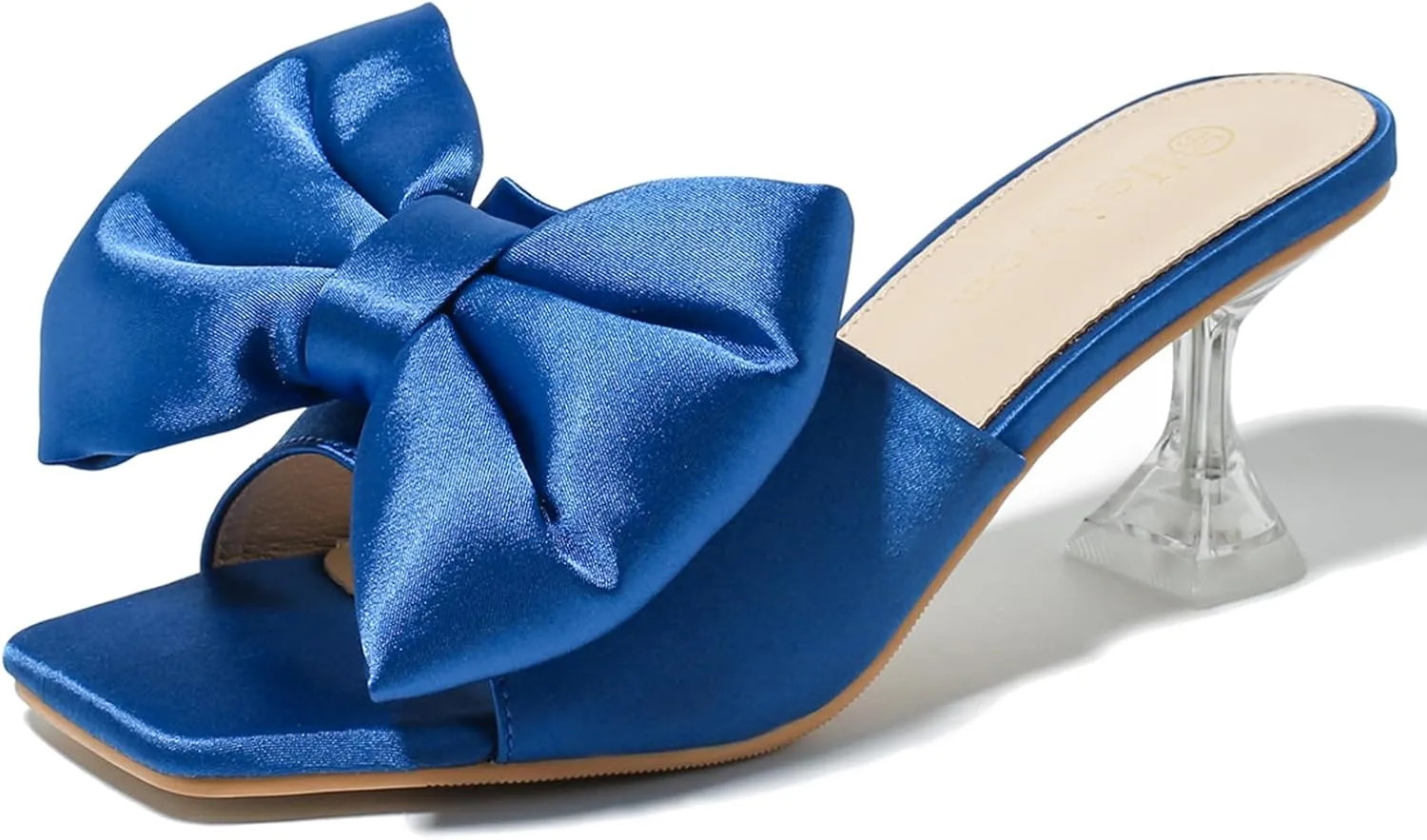 Heiyom Women's Bow Clear Heels Slippers Dress Sandals Square Toe Stiletto Mules Slip on Wedding Prom Shoes