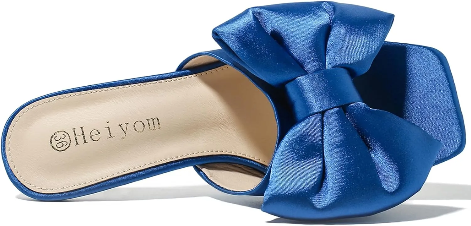Heiyom Women's Bow Clear Heels Slippers Dress Sandals Square Toe Stiletto Mules Slip on Wedding Prom Shoes