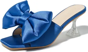 Heiyom Women's Bow Clear Heels Slippers Dress Sandals Square Toe Stiletto Mules Slip on Wedding Prom Shoes