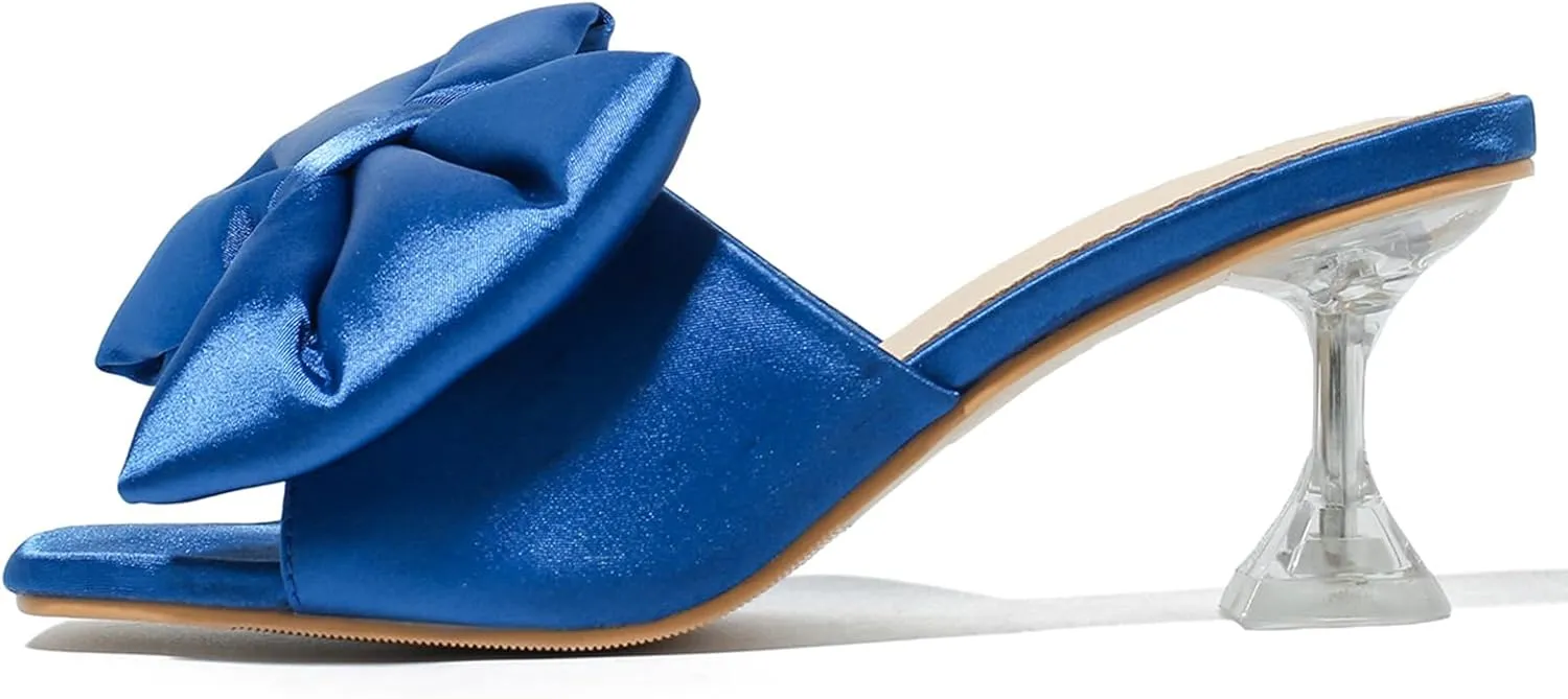 Heiyom Women's Bow Clear Heels Slippers Dress Sandals Square Toe Stiletto Mules Slip on Wedding Prom Shoes