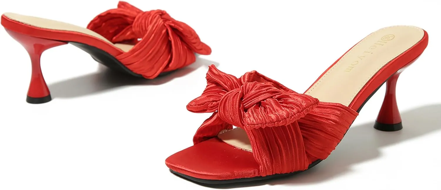 Heiyom Women's Bowknot Low Stilettos Heels Mules Sandals Slip on Pleated Bow Heels Wedding Bridal Party Dress Shoes