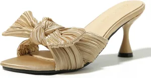 Heiyom Women's Bowknot Low Stilettos Heels Mules Sandals Slip on Pleated Bow Heels Wedding Bridal Party Dress Shoes