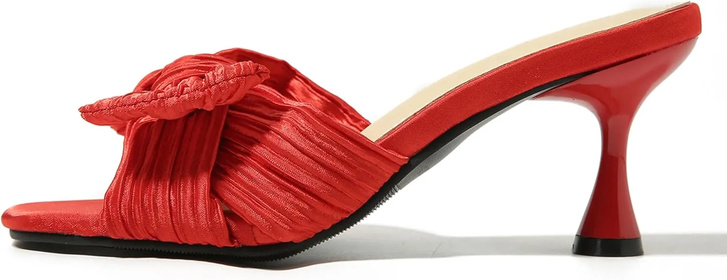 Heiyom Women's Bowknot Low Stilettos Heels Mules Sandals Slip on Pleated Bow Heels Wedding Bridal Party Dress Shoes