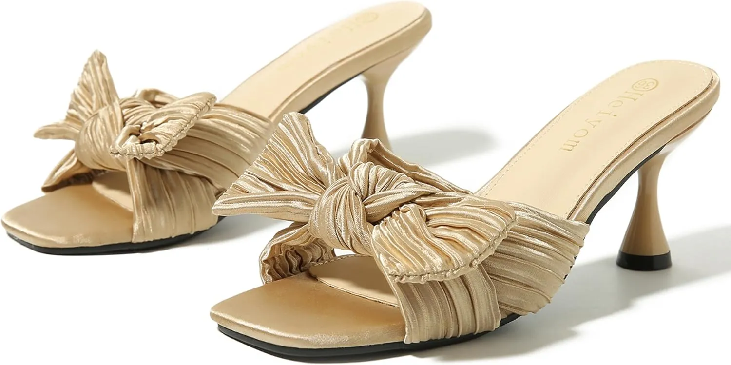 Heiyom Women's Bowknot Low Stilettos Heels Mules Sandals Slip on Pleated Bow Heels Wedding Bridal Party Dress Shoes