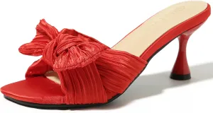 Heiyom Women's Bowknot Low Stilettos Heels Mules Sandals Slip on Pleated Bow Heels Wedding Bridal Party Dress Shoes