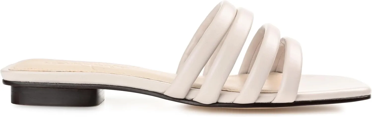 Journee Collection Signature Womens Genuine Leather Cendi Slip On Puff Strap Sandals Padded Slide Flat Open Square Toe